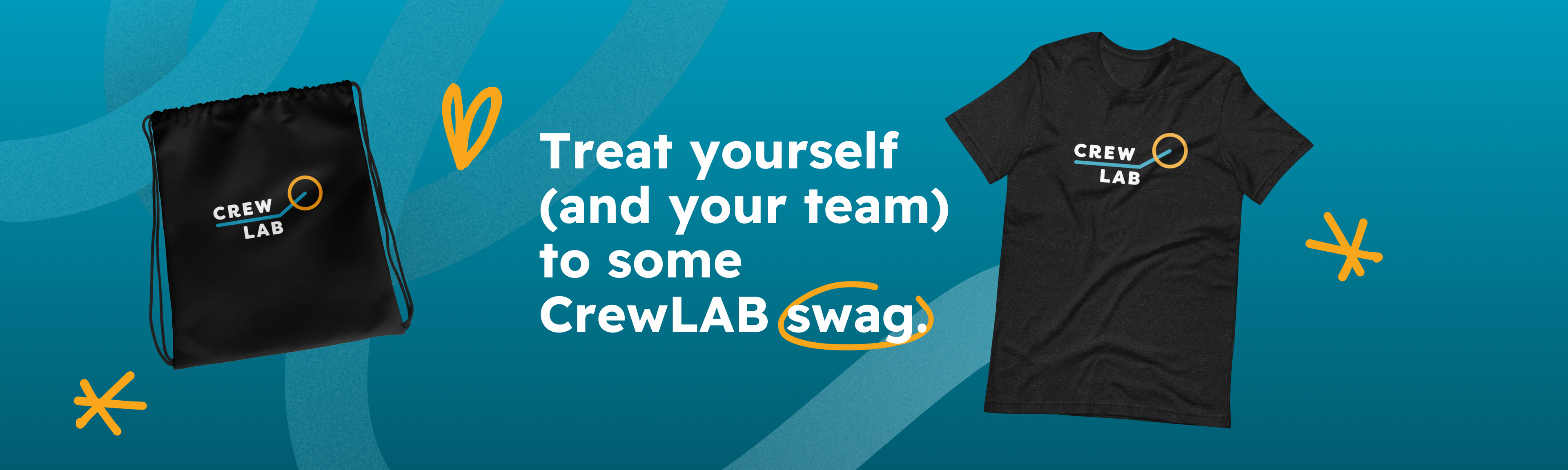 Blue gradient background with a black backpack and CrewLAB logo, and a black -shirt with CrewLAB logo. The hero text says 'Treat yourself (and your team) to some CrewLAB swag. Yellow scribbles are dotted about too.