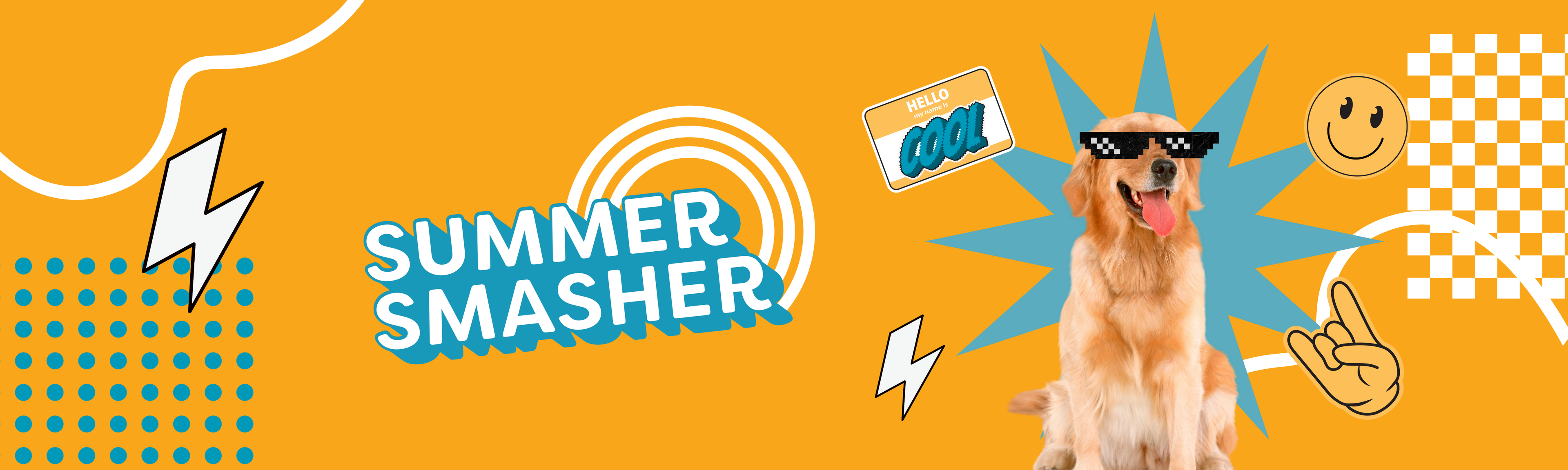 CrewLAB Summer Smasher Hero banner includes a yellow background, with the Summer Smasher logo and a bunch of fun graphics – a golden retriever, a lightening strike, a smiley face, checkered squares, and the rock and roll hand sign.